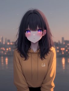 夕暮れ時の水辺を背景に、紫の瞳と黒髪が印象的な少女が黄色いパーカーを着て正面を見つめているアニメ風のイラスト。