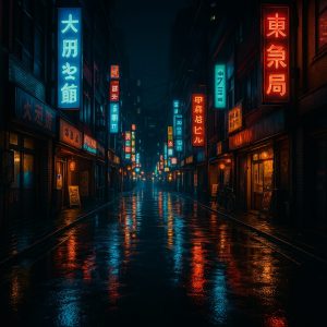 ネオン看板が濡れたアスファルトに反射する東京の夜の街並み。ローアングルで表現されたシネマティックなAIイラスト。
