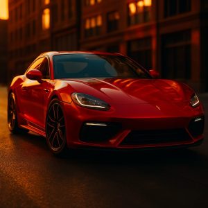 夕日を浴びて輝く赤いスポーツカー。反射するビルとシャドウ、精密なヘッドライトとタイヤが美しく描かれた高精細AI画像。