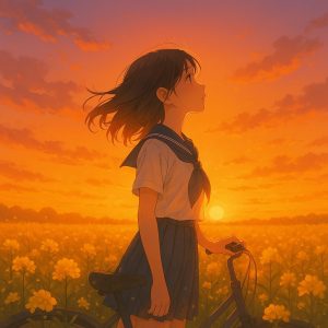 夕暮れの菜の花畑で空を見上げる制服姿の少女。逆光の中でシルエットが柔らかく浮かび上がり、オレンジ色の空に包まれた幻想的な風景。