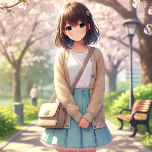 桜が咲く春の公園で、淡いベージュのカーディガンとミントグリーンのスカートを着たショートボブのアニメ風美少女が、肩掛けバッグを持って静かに立っている。背景にはベンチや街灯があり、落ち着いた春の日差しが差し込むAIイラスト。