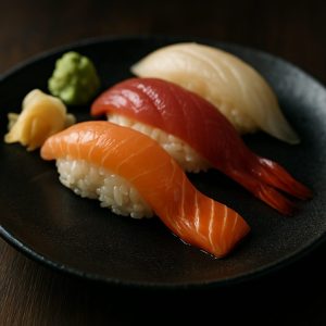 黒い陶器の皿に並べられたリアルな寿司。光沢のある魚、細かく描かれた米粒、わさびとガリが添えられた高解像度のAI生成フードイメージ。