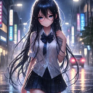 雨の降るネオン街の片隅で、傘もささずにずぶ濡れになった黒髪ロングの美少女が立っている。制服は濡れて体に張り付き、髪は頬にまとわりつき、切なげな表情で前を見つめるアニメ風のAIイラスト。