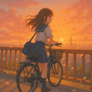 夕焼け空の橋の上で、自転車に寄りかかりながら遠くの街を見つめる制服姿の女子学生。髪が春風になびき、桜の花びらが舞う中で佇むアニメ風のイラスト。