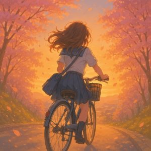 夕焼けに染まる桜並木の坂道を、自転車で下っていく制服姿の女子学生の後ろ姿。花びらが風に舞い、春の切なさと時間の流れを感じさせるアニメ調のイラスト。
