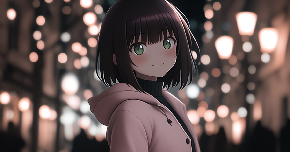 夜の街を背景に微笑む黒髪の少女。暖かみのある街灯の光がぼんやりと輝き、幻想的な雰囲気を演出。アニメスタイルのAIイラストで、可愛らしいキャラクターが印象的。