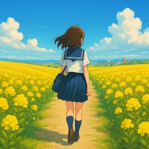 青空の下、満開の菜の花畑に続く小道を制服姿の女子学生が歩いている。遠くには町の風景が広がり、旅立ちや新しい始まりを感じさせる春の情景。