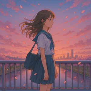 夕暮れの川沿いの橋で、制服姿の女子高生が春風に吹かれて静かに佇む。舞い散る桜の花びらと美しい空が印象的なアニメ風イラスト。
