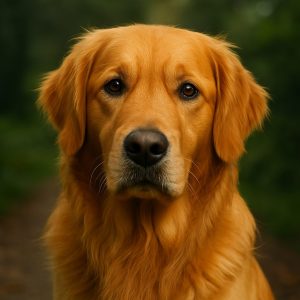 自然光の中でカメラを見つめるゴールデンレトリバー。毛並みのディテールと背景ボケが際立つ、高精細AI生成の犬ポートレート。