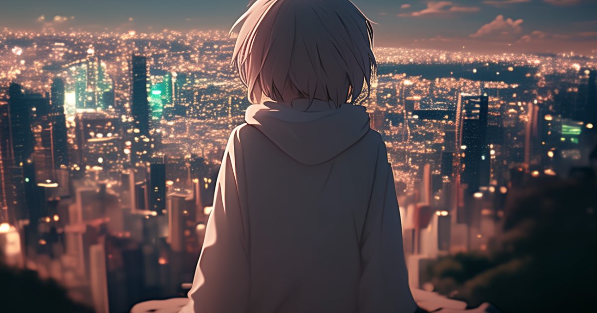 夜景を見下ろすフード付きのキャラクター。無数の光が輝く未来都市を背景に、静かに佇む後ろ姿が印象的なアニメスタイルのAIイラスト。