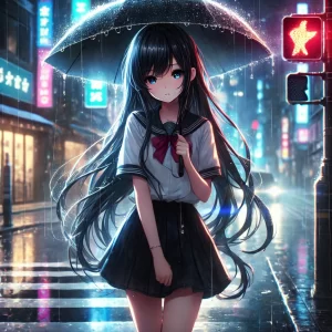 雨の降る夜の街角に、傘もささず濡れた黒髪ロングの美少女が立っている。ネオンが濡れた舗道に反射し、彼女は切なげな表情で前を見つめているアニメ風AIイラスト。