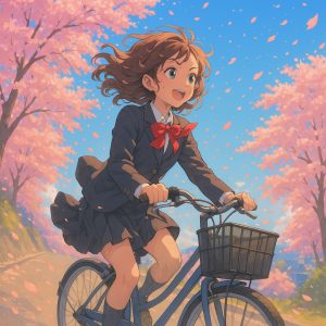 桜並木の坂道を自転車で駆け下りる制服姿の女子学生。春風になびく髪とスカート、舞い散る花びらの中で笑顔を見せるアニメ調のイラスト。