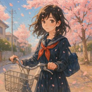 桜が舞う春の通学路で、自転車を押しながら立ち止まる制服姿の女子学生。春風に揺れる髪と、やわらかな表情が印象的なアニメ風イラスト。