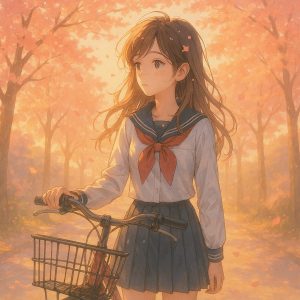 春の桜並木の道で、自転車を押しながら静かに立ち止まる制服姿の女子学生。花びらが舞う中、やわらかな逆光に包まれたアニメ風の美しいイラスト。