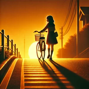 夕陽が沈む坂道を、自転車を押して歩く制服姿の女子学生の後ろ姿。逆光に照らされ、髪とスカートの輪郭が光り、地面には長く影が伸びる情緒的なアニメ風AIイラスト。