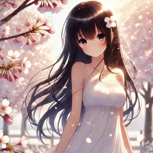 満開の桜並木の中で、白いワンピースを着た長い黒髪のアニメ風美少女が立っている。髪が春風になびき、逆光に照らされた幻想的な雰囲気のAIイラスト。