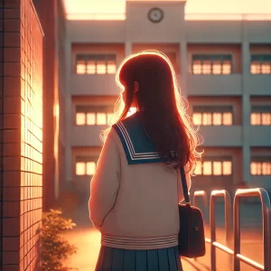 夕暮れの校舎裏で逆光に包まれながら静かに佇む制服姿の女子学生。髪が夕陽に透けて輝き、背後の校舎と黄金色の光が幻想的な雰囲気を生み出すアニメ風AIイラスト。