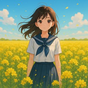 満開の菜の花に囲まれて立つ女子学生。春風に髪をなびかせ、青空の下で静かに前を見つめている。