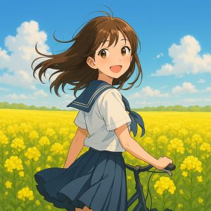 青空の下、満開の菜の花畑で自転車を押しながら振り返り、笑顔を見せるセーラー服姿の女子学生