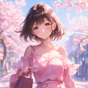 桜が満開の並木道で、肩出しのピンクドレスを着たショートボブのアニメ風美少女が微笑んでいる。明るい青空とふんわりした桜の背景に包まれ、春の空気感が漂うAIイラスト。