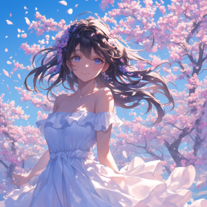 満開の桜が舞う青空の下、白いワンピースと花冠を身につけた黒髪のアニメ風美少女が優しく微笑んでいる。風になびく髪とドレス、鮮やかな背景が春の空気を表現したAIイラスト。