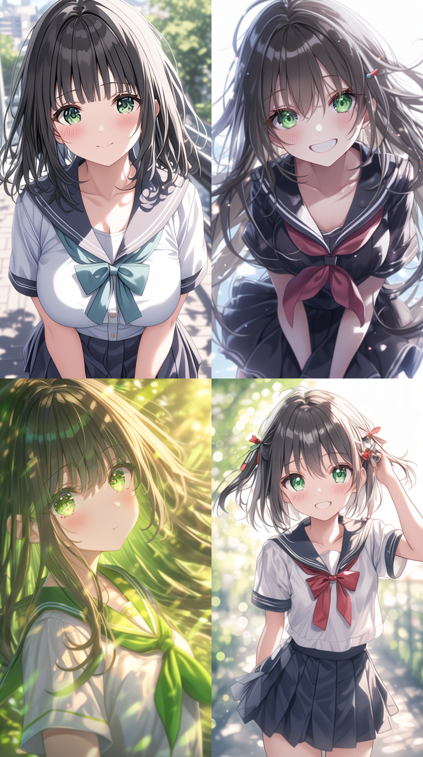 眩しい太陽の下で微笑むセーラー服の女子学生たち。明るい緑の瞳と風になびく髪が特徴的な、温かみのあるアニメスタイルのAIイラスト。背景には夏の日差しが輝く公園や学校の通学路が広がる。