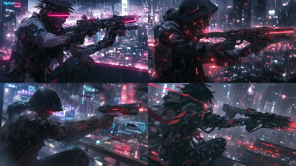 サイバーパンク都市のネオンが輝く夜に、サイバー強化された傭兵がライフルを構える。黒いアーマーに赤いLEDが光る未来的な戦闘シーンを描いたAIイラスト。