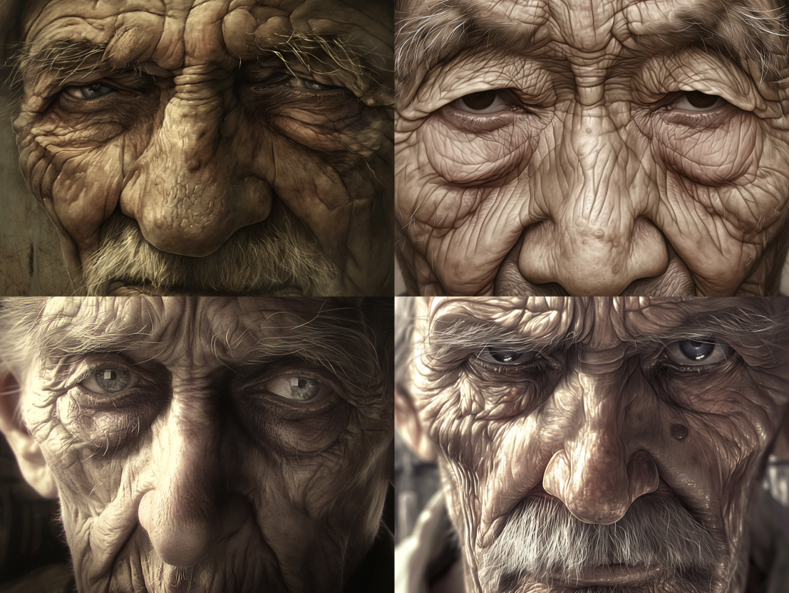 深い皺と鋭い眼差しを持つ高齢男性のリアルなポートレート。高解像度の肌の質感と光のコントラストが、長い人生の経験を映し出すAIイラスト。