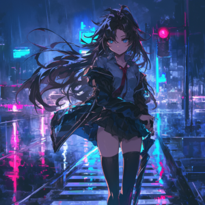 夜の濡れた踏切に立つ黒髪ロングの女子学生。制服と髪は雨に濡れ、風にたなびいている。ネオンの光が地面に反射し、彼女はまっすぐ前を見つめているアニメスタイルの高精細なAIイラスト。