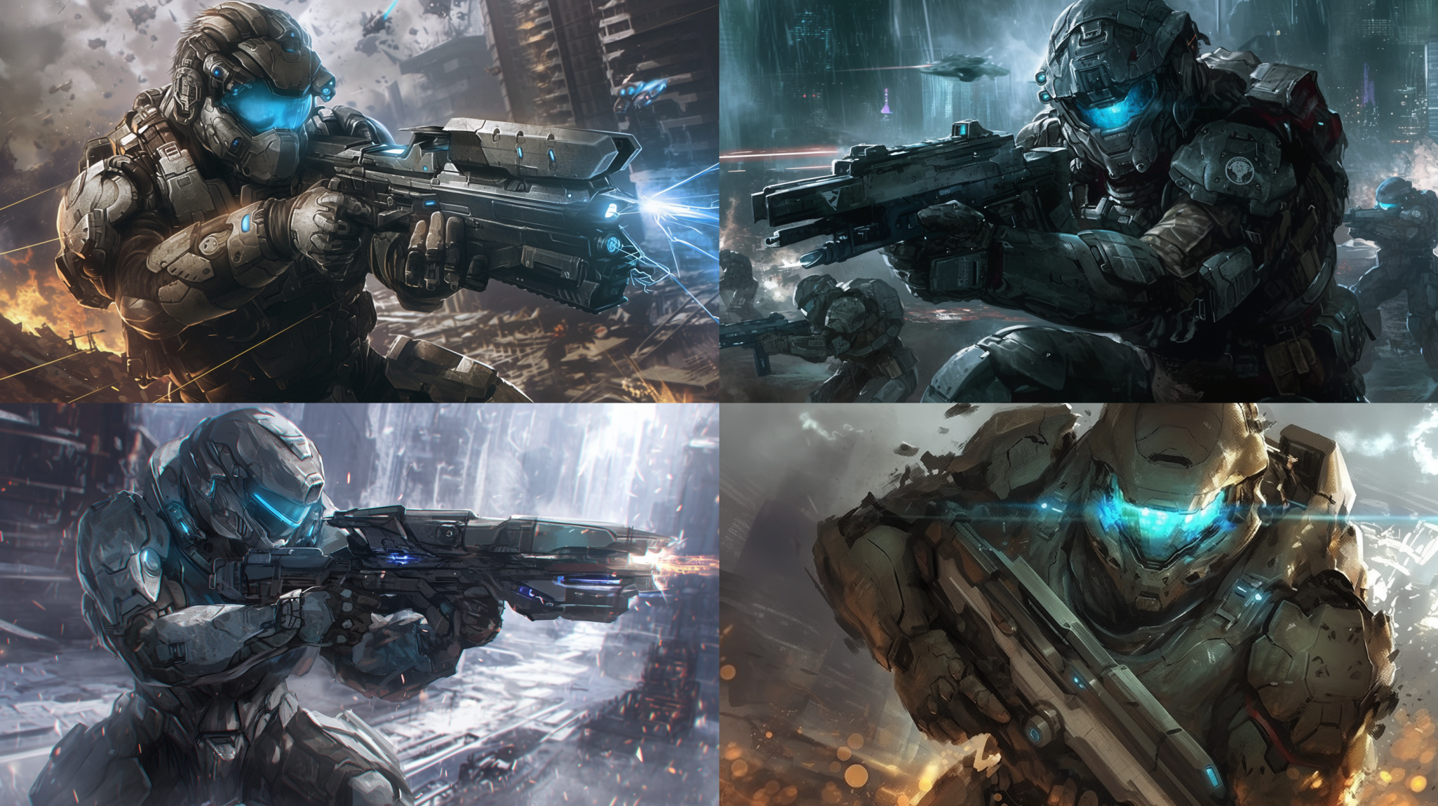 未来の戦場で戦うアーマードソルジャー。重装甲をまとい、光る青いバイザーのヘルメットを装着し、プラズマライフルを構えている。背景には崩壊した都市と激しい戦闘の痕跡が広がる、SFミリタリーアート。
