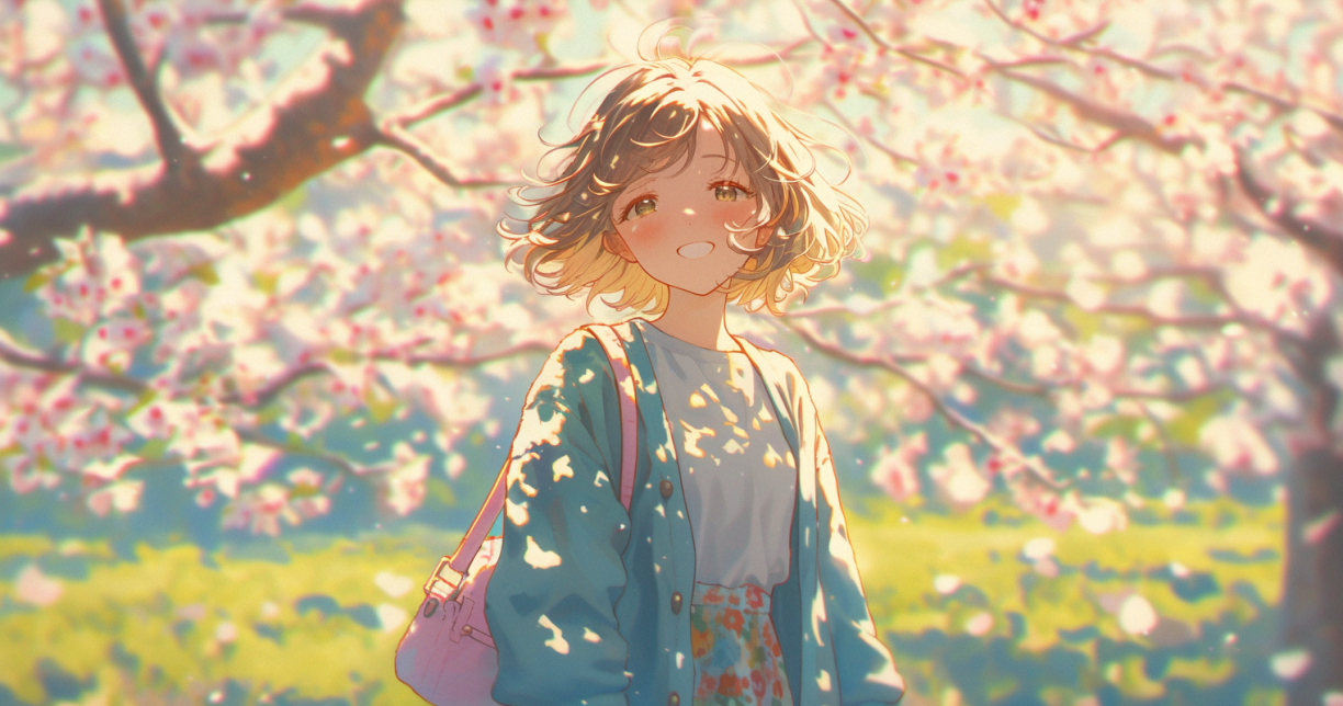 満開の桜が咲き誇る春の公園で、青緑のカーディガンと花柄スカートを着たショートヘアのアニメ風美少女が、優しい笑顔を浮かべて立っている。木漏れ日と桜の花びらが舞う柔らかな雰囲気のAIイラスト。