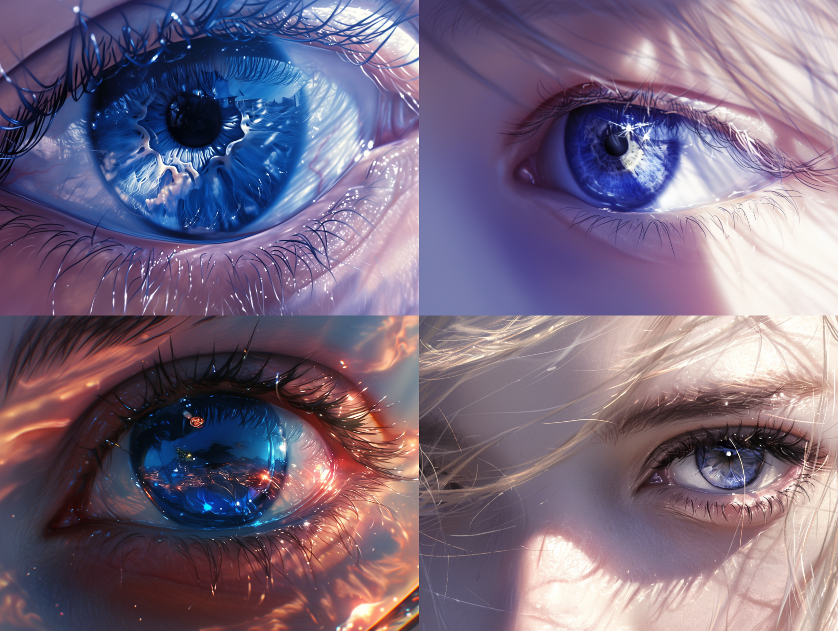 フォトリアルな青い瞳のクローズアップ。虹彩の反射と光の演出が、幻想的で奥行きのある表情を生み出すAIイラスト。