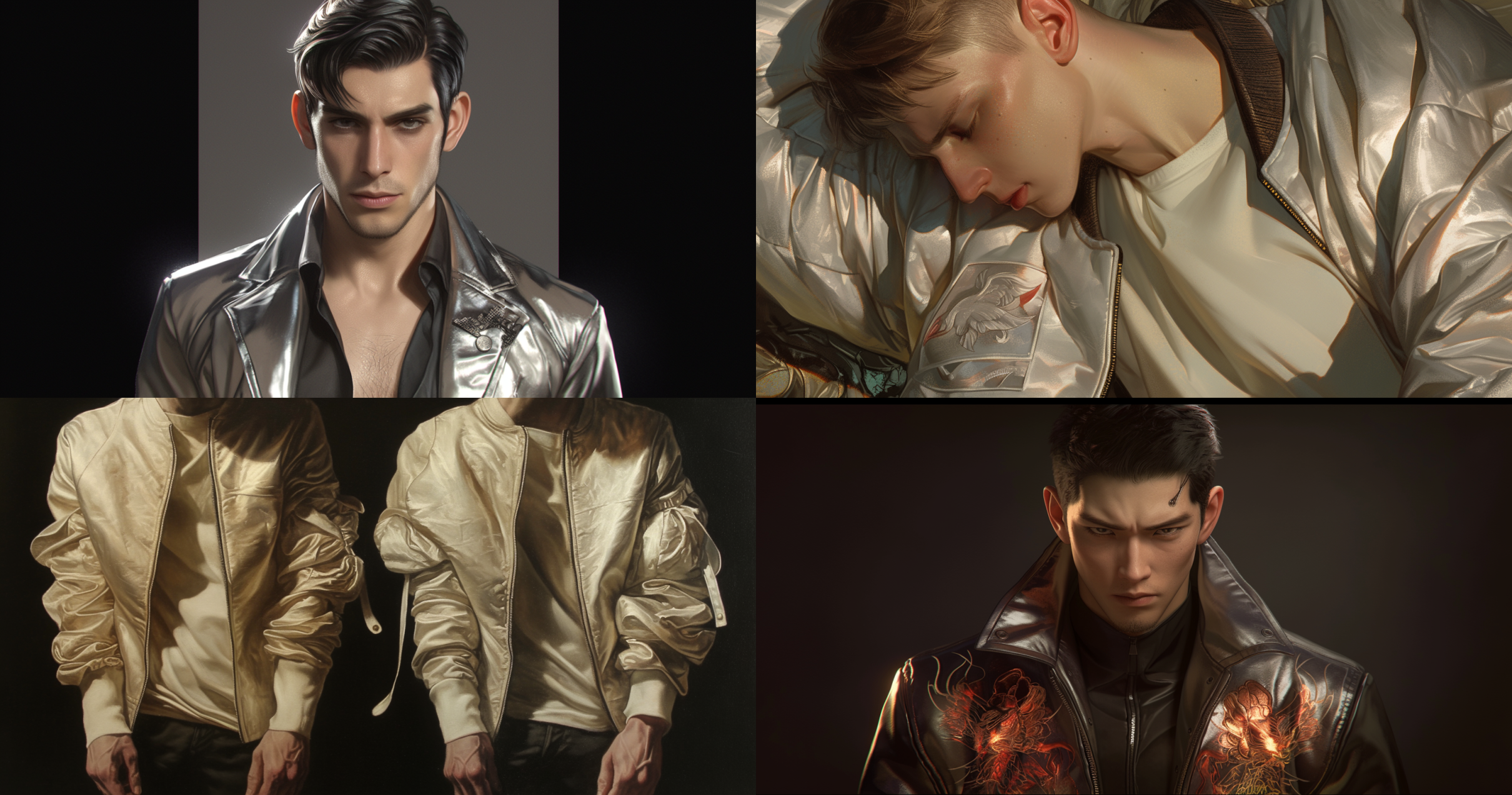 シルバーメタリックのジャケットを着たリアルな男性ポートレート。ライティングの反射が衣服の質感を際立たせ、ファッション性と高級感を兼ね備えたAIイラスト。