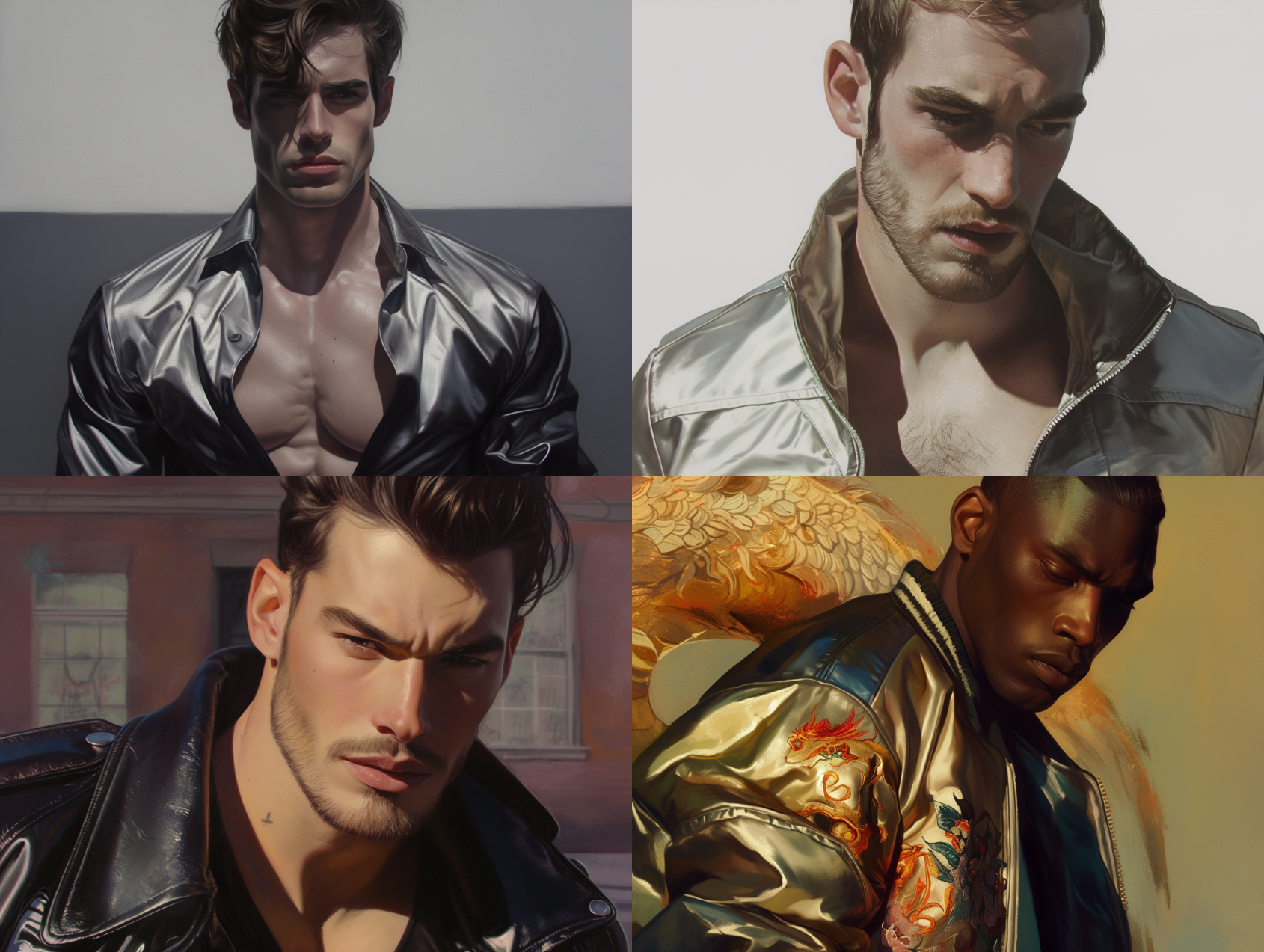 メタリックなジャケットを着たリアルな男性ポートレート。光の反射が衣服の質感を際立たせ、シャープな表情がクールな印象を与えるAIイラスト。