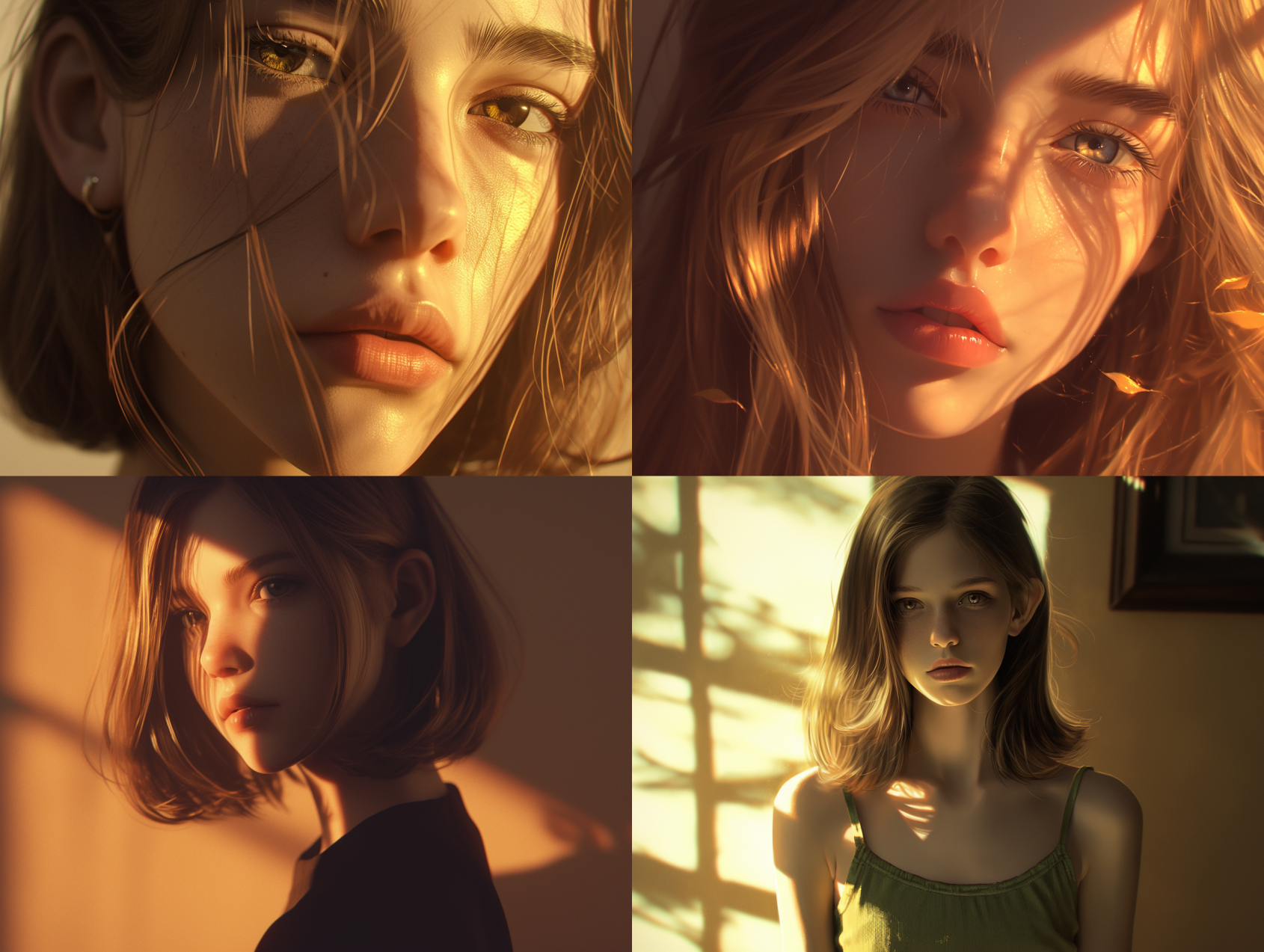 リアルなライティングとディテールで描かれたハイパーリアリスティックな女性のポートレート。シルキーな黒髪が風になびく美しい表現。