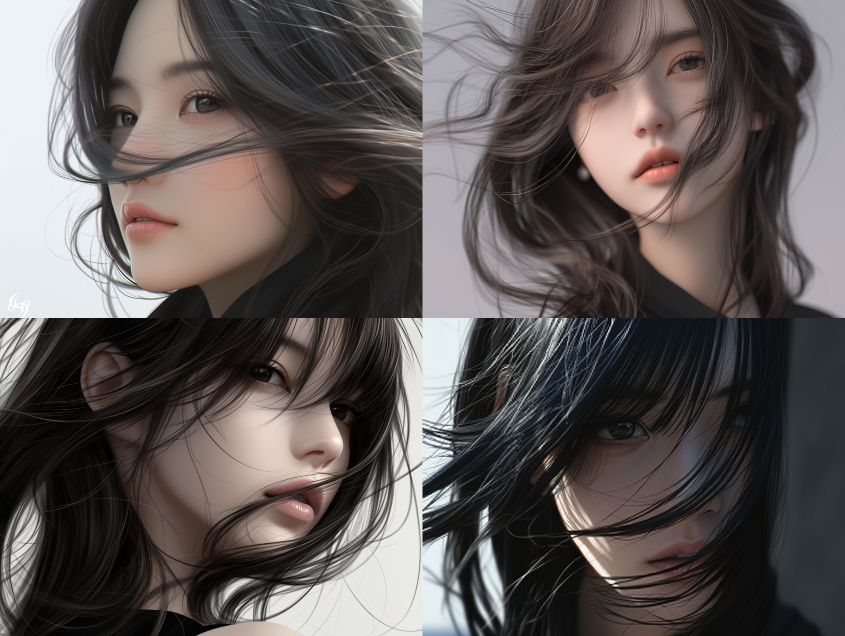 風になびく黒髪のリアルな女性ポートレート - 繊細な髪の動きと自然な光の演出が際立つAIイラスト