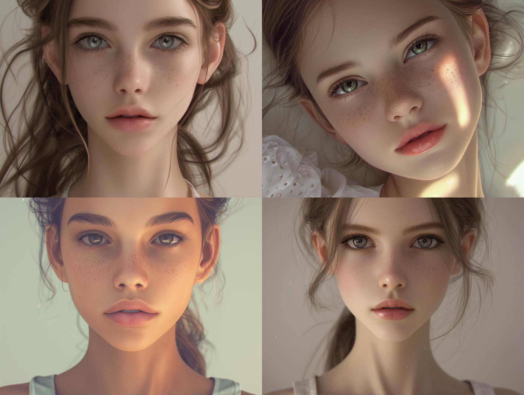 フォトリアルな少女のポートレート。自然なそばかすと光沢のある肌が、繊細な美しさを際立たせるAIイラスト。