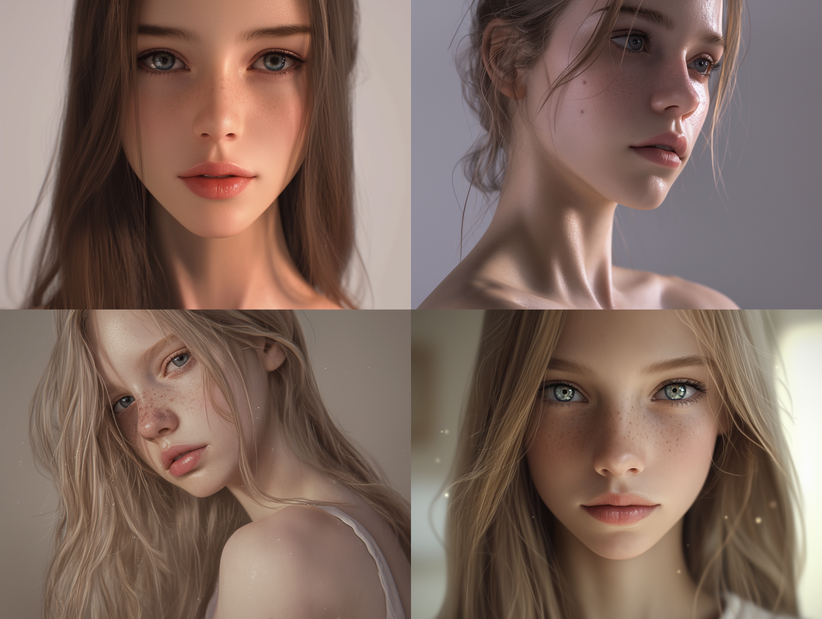 「自然な肌の美しさ - Niji Journeyで描くフォトリアルな女性ポートレート」繊細なそばかす、透明感のある肌、自然な光が織りなすリアルな表現。Niji Journeyの高品質なAI技術が生み出す究極のフォトリアルなキャラクターアート。