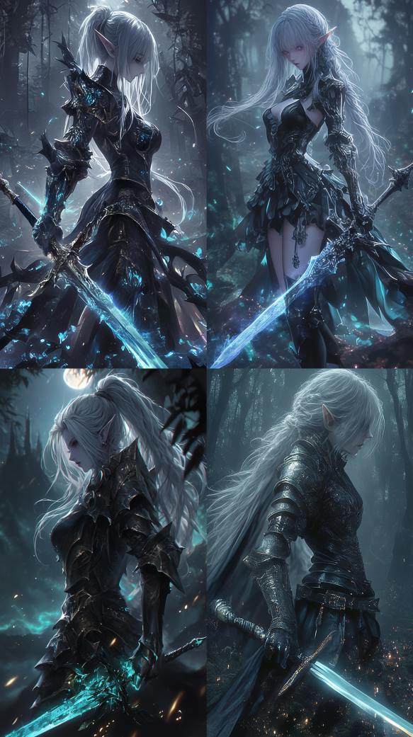 ダークエルフの女性戦士が、魔法の剣を手に月光の下に佇む。漆黒の鎧と銀髪が特徴的で、幻想的な森の中に浮かび上がるダークファンタジー風のAIイラスト。