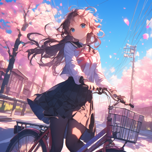 春の通学路で、自転車にまたがる制服姿の美少女。満開の桜が並ぶ街路を背景に、春風に髪とスカートがなびいているアニメ風イラスト。