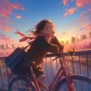 夕焼けに染まる橋の上で、自転車に寄りかかって笑顔を見せる制服姿の女子学生。春風に髪とマフラーがなびき、桜の花びらが舞うアニメ風の美しいイラスト。