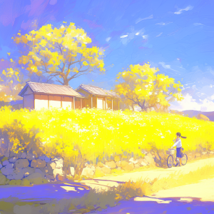 菜の花が一面に咲く里山の道を、自転車を押しながら歩く女子学生。背景には日本の古民家と青空、春の風景を感じさせるアニメ調イラスト。