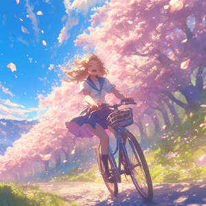 満開の桜並木の坂道を自転車で駆け下りる制服姿の女子学生。春風になびく髪とスカート、笑顔いっぱいの表情が印象的なアニメ調のイラスト。