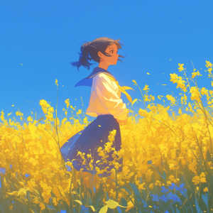菜の花畑の中に立つ制服姿の少女。春風で髪が揺れ、明るい黄色の花々に囲まれている。背景には青空と白い雲が広がり、季節の移ろいと静かな時間が感じられるイラスト。