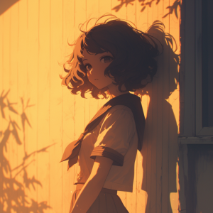 夕暮れの柔らかな光が校舎の壁に差し込み、制服姿の女子学生が静かに寄りかかっている。逆光で髪が透けて輝き、影が壁に美しく伸びているアニメスタイルのAIイラスト。