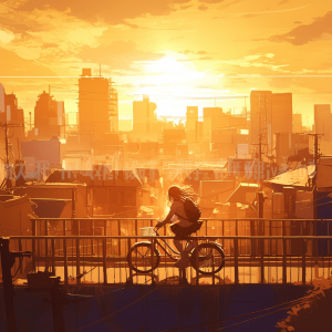 夕焼けに染まる都市の風景を背景に、自転車に乗った制服姿の女子学生が高架の道を走っている。逆光の夕陽が髪と制服を照らし、広がる街のシルエットが印象的なアニメ風AIイラスト。