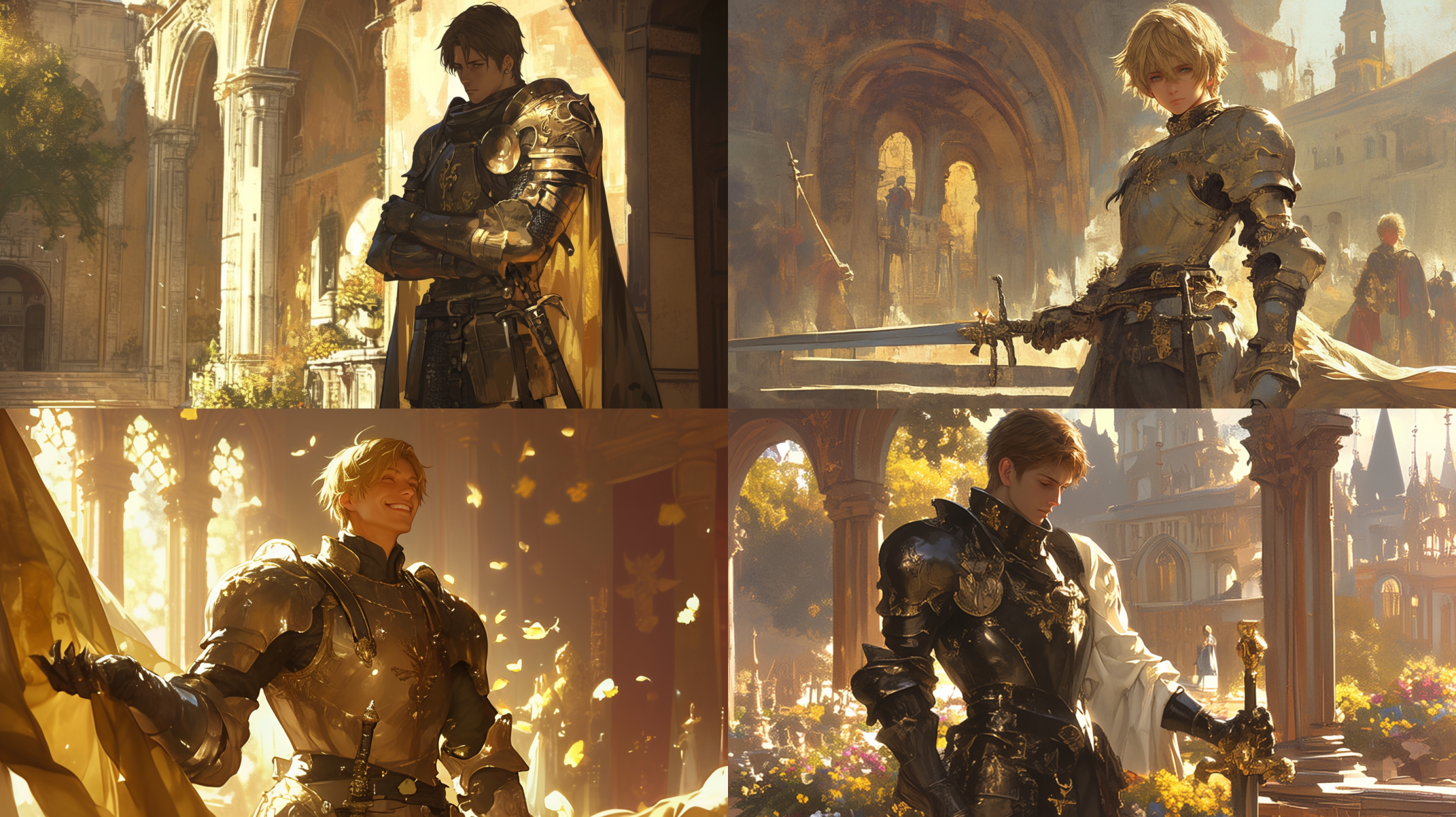 A young knight in shining armor, standing in a medieval castle courtyard, golden sunlight shining --ar 16:9 --q 2 --stylize 500 --style raw