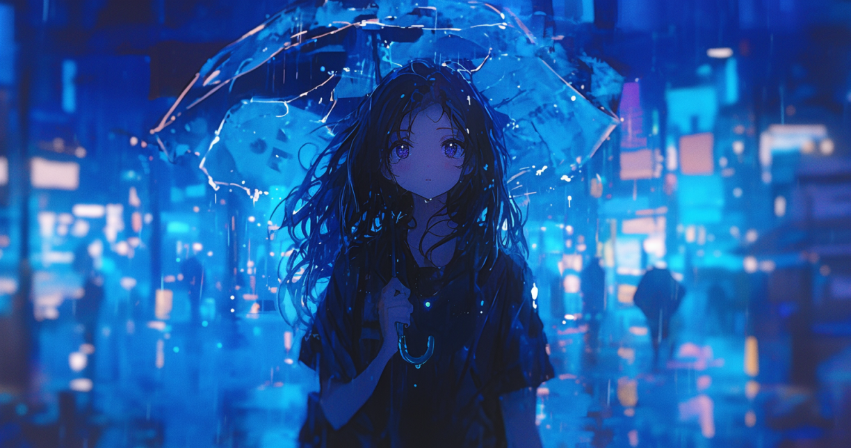 雨の降るネオン街で透明な傘を差し、濡れた黒髪を垂らして立つ美少女。濃いブルーの光に包まれ、幻想的な雰囲気を漂わせるアニメ風AIイラスト。