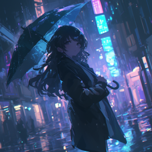 ネオンが輝く雨の夜の街で、黒髪の美少女が透明な傘を差しながら振り返るように佇んでいる。雨に濡れた路面に光が反射し、幻想的で静かな雰囲気をまとったアニメ風AIイラスト。