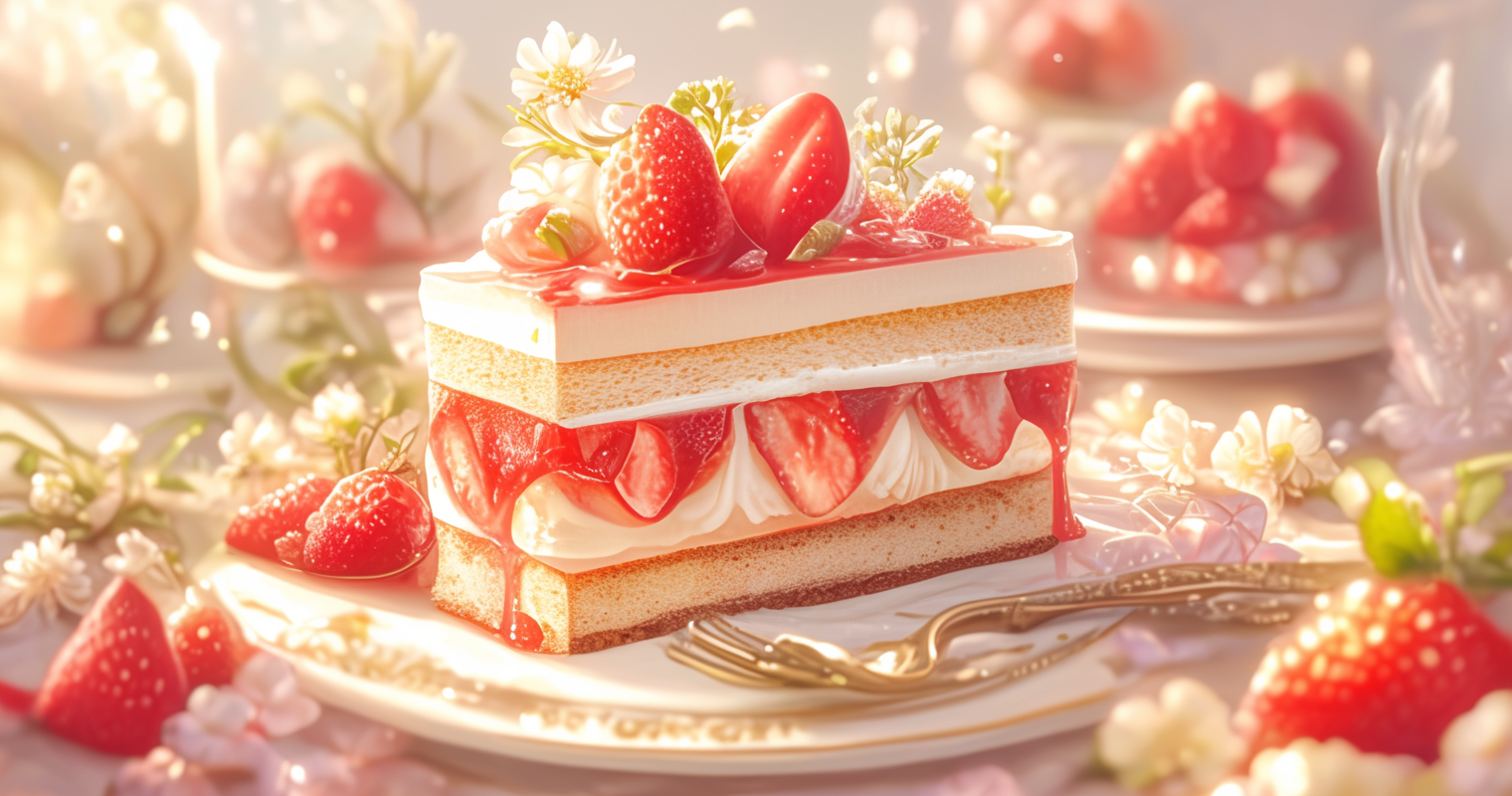 ふんわりとしたスポンジにたっぷりのクリームと苺が挟まれた、美しくデコレーションされたストロベリーケーキ。苺のソースがとろりと流れ、白い花と金のフォークが添えられたエレガントな雰囲気のスイーツ。